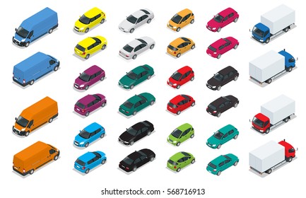 Car icons. Flat 3d isometric high quality city transport. Sedan, van, cargo truck, hatchback. Set of urban public and freight transport