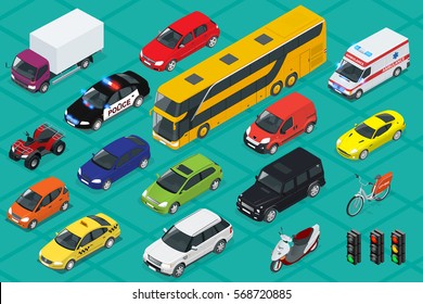 Car icons. Flat 3d isometric high quality city transport. Sedan, van, cargo truck, off-road, bus, scooter, motorbike, riders, ATV. Set of urban public and freight transport