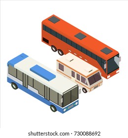 Car icons. Flat 3d isometric high quality city transport. Van, cargo truck, bus. Set of urban public and freight transport