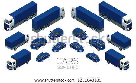 Car icons. Flat 3d isometric high quality city transport. Sedan, van, cargo truck, off-road. Set of urban public and freight transport. Delivery and transportation