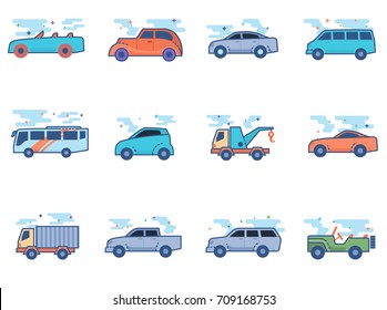 Car icons in flat color style. Vector illustration.