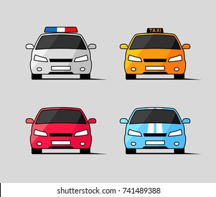 Car icons, front view of police, taxi and sports vehicles.