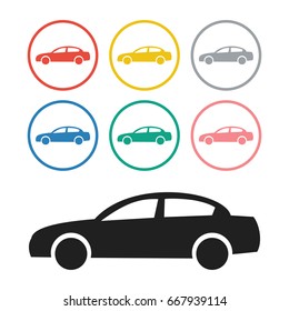 Car icons isolated on white background. Vector illustration for transport design. Simple symbol car sign. Transportation flat automobile silhouette. Speed auto traffic element. Mobile wheel set.