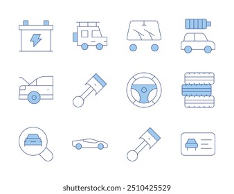 Iconos del coche. Línea estilo Duotone, carrera editable. tronco, Licencia de conducción, coche deportivo, batería, pistón, neumáticos, limpiaparabrisas, volante, coche, coche eléctrico.