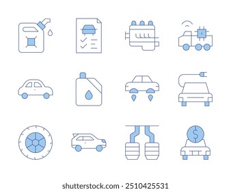 Car icons. Line Duotone style, editable stroke. electric car, autonomous, check, engine, fuel.