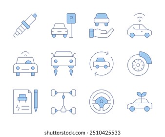 Car icons. Line Duotone style, editable stroke. smart car, eco, car parking, steering wheel, brake, exchange, connected, spark plug, flying, wheel, car insurance.