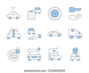 Car icons. Line Duotone style, editable stroke. car key, driving test, smart, delivery truck, sharing, electric.