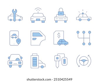 Car icons. Line Duotone style, editable stroke. autonomous, key, gear, phone, car door, full battery, loan, locked, service, police car, driverless.