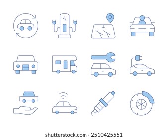 Car icons. Line Duotone style, editable stroke. autonomous, electric, wiper, spark plug, caravan, locked, charging station, repair.