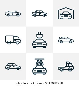 Estilo de línea de iconos de auto con enchufe, cabriolet, lavavajillas y otros elementos de hatchback. Iconos de vehículos de ilustración vectorial aislados.