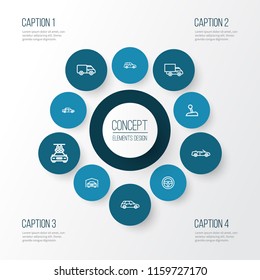 Car icons line style set with station wagon, van, gear level and other washing elements. Isolated vector illustration car icons.