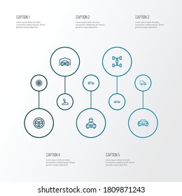 Car icons line style set with truck, steering wheel, wheelbase and other rudder elements. Isolated vector illustration car icons.