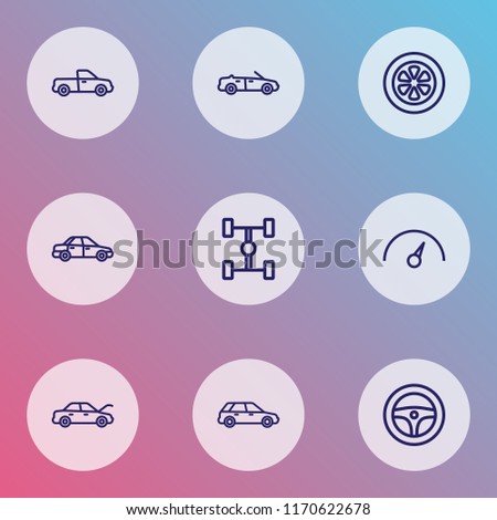 Car icons line style set with steering wheel, wheelbase, speedometer and other wheel  elements. Isolated vector illustration car icons.
