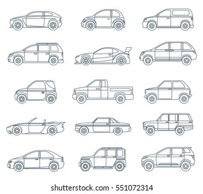 Car Icons in the Linear Style. Transport Icons Outline Stroke on White Background. Vector Illustration