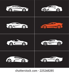 Car icons on black background. Car side view. Sports cars.