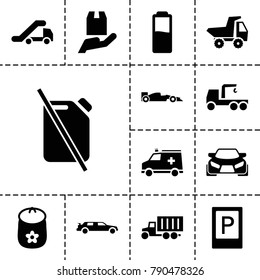 Car icons. set of 13 editable filled car icons such as parking, baby toy, car, truck with hook, ambulance, battery, truck crane, truck