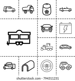 Car icons. set of 13 editable outline car icons such as baby toy, trailer, van, tunnel, battery, truck with hook