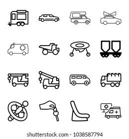 Car icons. set of 16 editable outline car icons such as baby toy, baby seat in car, van, truck, truck with hook, trailer, wheel, hospital, hand with key