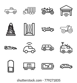 Car icons. set of 16 editable outline car icons such as car, tv van, cabriolet, broken battery, garage, heating system, battery, weapon truck, tunnel