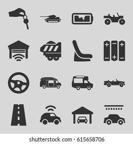 Car icons set. set of 16 car filled icons such as baby seat in car, van, road, broken battery, garage, hand with key, battery, weapon truck, tank