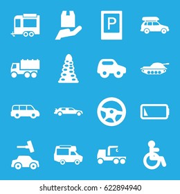 Car icons set. set of 16 car filled icons such as parking, disabled, tunnel, toy car, truck, truck with hook, trailer, van, low battery, tank