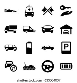 Car icons set. set of 16 car filled icons such as van, truck, ambulance, ful battery, garage, parking, battery, crossed flags, key on hand