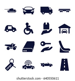Car icons set. set of 16 car filled icons such as police car, disabled, baby seat in car, truck, cargo tag, road, cabriolet, battery, garage, tank