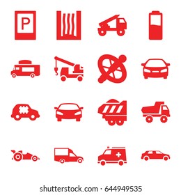 Car icons set. set of 16 car filled icons such as parking, toy car, truck with hook, van, ambulance, heating system, battery, truck rocket