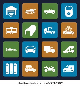 Car icons set. set of 16 car filled icons such as truck crane, tunnel, baby toy, truck with hook, trailer, ambulance, garage, battery, weapon truck
