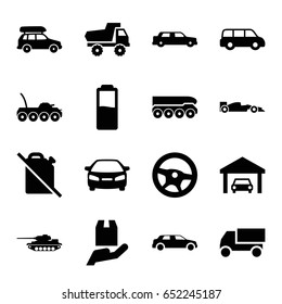 Car icons set. set of 16 car filled icons such as toy car, truck, garage, battery, weapon truck, tank, no oil