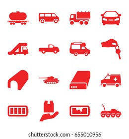 Car icons set. set of 16 car filled icons such as car, truck crane, tunnel, van, truck, cargo wagon, ambulance, battery, ful battery, broken battery, hand with key