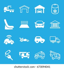 Car icons set. set of 16 car filled and outline icons such as key, truck with hook, garage, baby toy