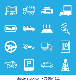 Car icons set. set of 16 car filled and outline icons such as tunnel, van, broken battery, parking, key, truck, trailer