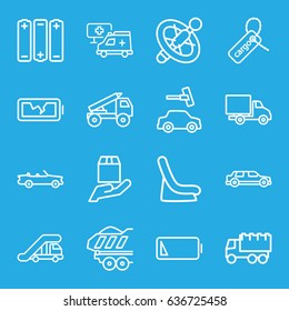 Car icons set. set of 16 car outline icons such as truck crane, baby seat in car, car wash, truck, cargo tag, hospital, low battery, broken battery, battery, truck rocket