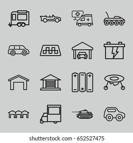 Car icons set. set of 16 car outline icons such as taxi, garage, baby toy, battery, trailer, van, hospital, cabriolet