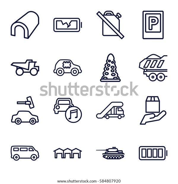 car icons set. Set of 16 car\
outline icons such as parking, truck crane, tunnel, van, car wash,\
truck, cargo trailer, ful battery, broken battery, garage,\
tank