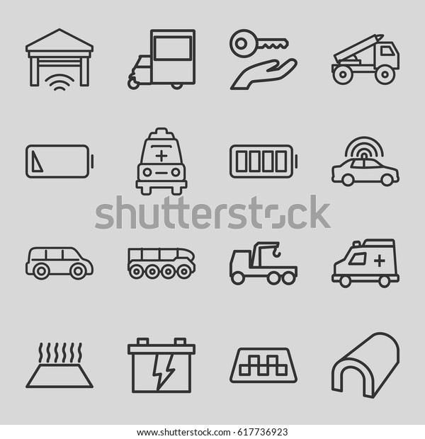 Car icons set. set of\
16 car outline icons such as taxi, tunnel, battery, truck with\
hook, van, ambulance, ful battery, low battery, garage, truck\
rocket, weapon truck