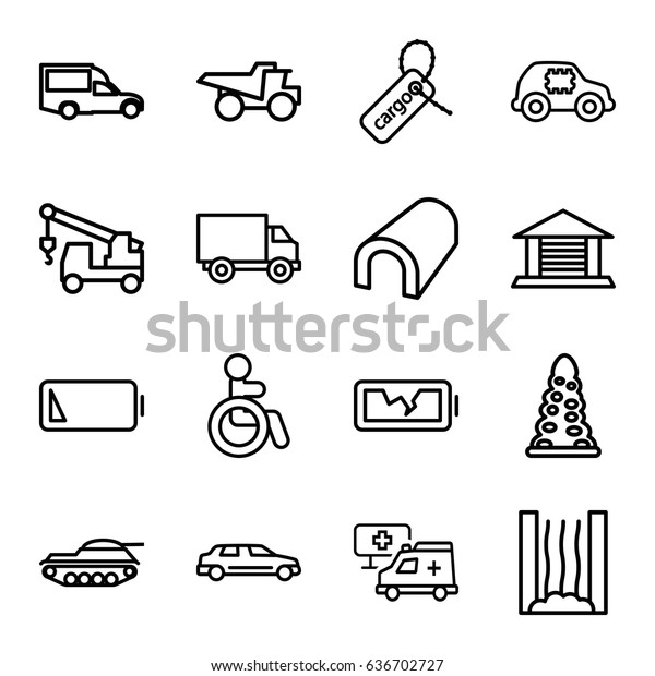Car icons set. set\
of 16 car outline icons such as disabled, tunnel, truck with hook,\
truck, van, cargo tag, hospital, low battery, broken battery,\
garage, heating system