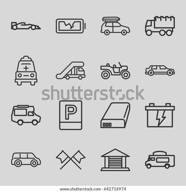 Car icons set. set of 16 car outline icons\
such as truck crane, battery, truck, van, ambulance, broken\
battery, garage, parking, weapon\
truck