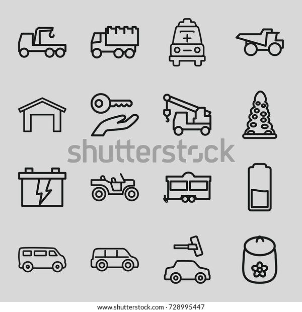 Car icons set. set of 16 car outline icons\
such as garage, tunnel, baby toy, van, battery, truck, truck with\
hook, trailer, ambulance, weapon\
truck