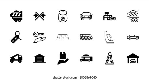Car icons. set of 18 editable filled and outline car icons: van, cargo tag, cargo trailer, cargo protection, hospital, garage, crossed flags, truck rocket, tunnel, baby toy