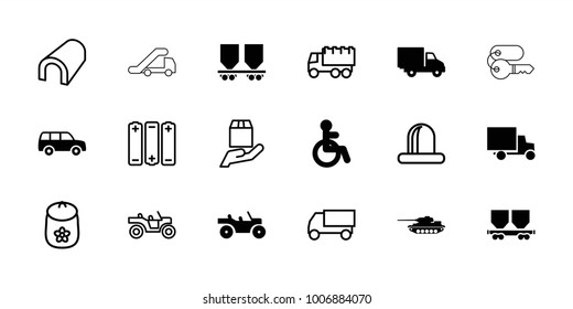 Car icons. set of 18 editable filled and outline car icons: disabled, cargo wagon, delivery car, weapon truck, tank, tunnel, baby toy, truck, siren, battery, truck crane