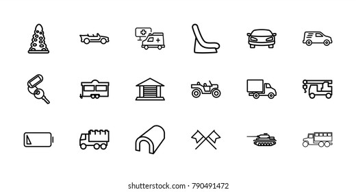 Car icons. set of 18 editable outline car icons: tunnel, key, truck, truck with hook, trailer, hospital, cabriolet, low battery, garage, crossed flags, weapon truck