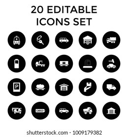 Car icons. set of 20 editable filled car icons such as parking, wash, truck, truck with hook, ambulance, garage. best quality car elements in trendy style.