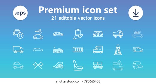 Car icons. set of 21 editable outline car icons includes taxi, truck crane, tunnel, toy car, baby seat in car, truck, ambulance, ful battery, crossed flags