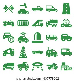 Car icons set. set of 25 car filled icons such as truck crane, tunnel, baby toy, van, truck, siren, road, tv van, hospital, cabriolet, ful battery