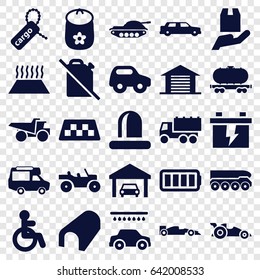 Car icons set. set of 25 car filled icons such as taxi, disabled, tunnel, baby toy, toy car, car wash, battery, truck, van, cargo tag, siren, ful battery, garage, weapon truck