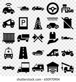 Car icons set. set of 25 car filled icons such as parking, truck crane, tunnel, car wash, truck, van, cargo trailer, road, ambulance, hospital, garage, steering wheel, tank