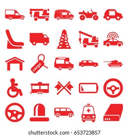 Car icons set. set of 25 car filled icons such as police car, disabled, garage, tunnel, van, truck with hook, trailer, siren, ambulance, battery, low battery, steering wheel