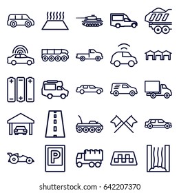 Car icons set. set of 25 car outline icons such as taxi, parking, police car, truck, van, road, garage, heating system, battery, weapon truck, tank